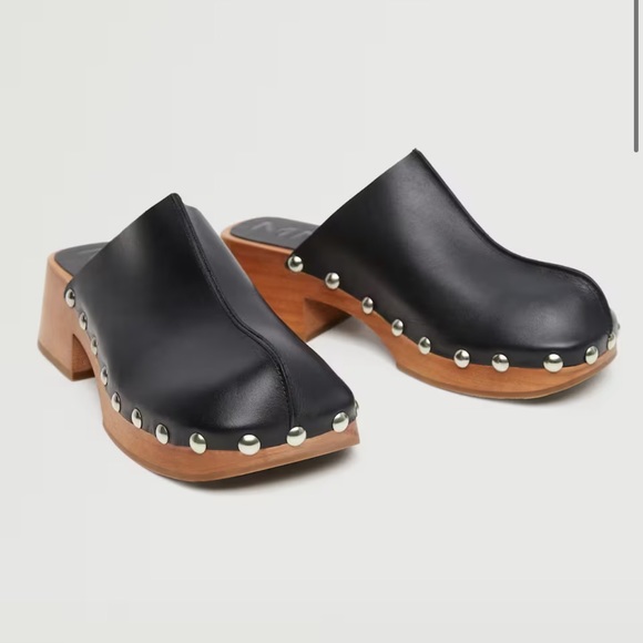 NWT Mango Studded Wooden Leather ClogS - Picture 2 of 6